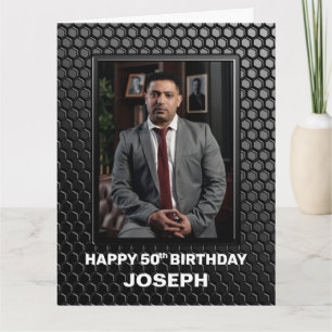 50th Birthday Black Geometric Pattern Custom Photo Kaart