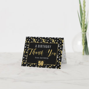50th Birthday Black Gold Silver Confetti met naam Bedankkaart