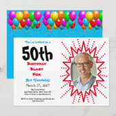 50th Birthday Blast Red en Blue Typografie Kaart (Voorkant / Achterkant)