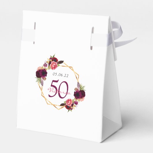50th Birthday burgundy Gold geometrische bloemwit Bedankdoosjes (Achterkant)