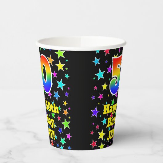 50th Birthday: Fun Stars Pattern and Rainbow 50 Papieren Bekers (Links)