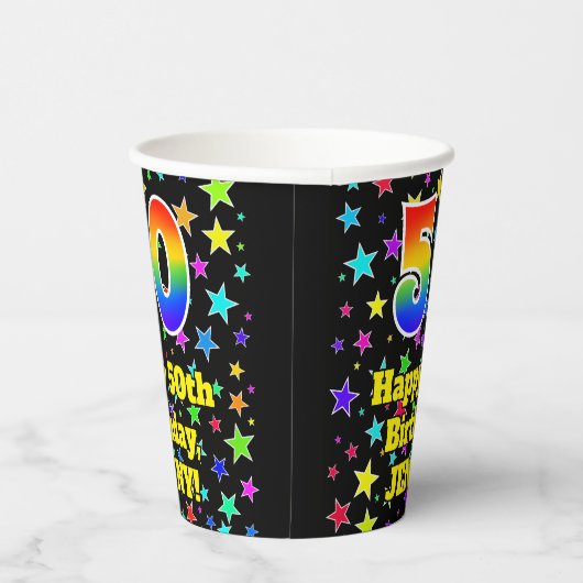 50th Birthday: Fun Stars Pattern and Rainbow 50 Papieren Bekers (Rechts)