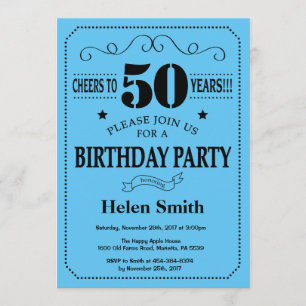 50th Birthday Invitation Black and Blue Kaart