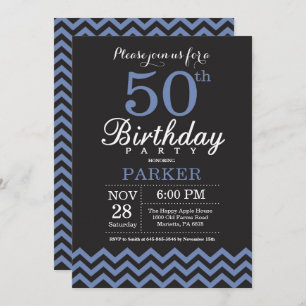 50th Birthday Invitation Black and Blue Kaart