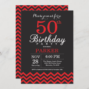 50th Birthday Invitation Black and Red Kaart
