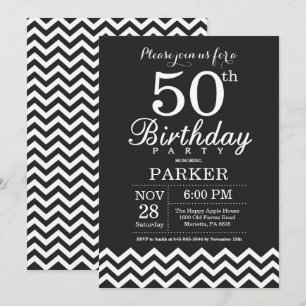 50th Birthday Invitation Black and White Chevron Kaart