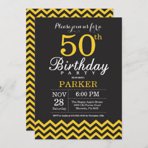 50th Birthday Invitation Black and Yellow Chevron Kaart