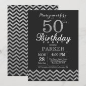50th Birthday Invitation Black en Silver Glitter Kaart (Voorkant / Achterkant)
