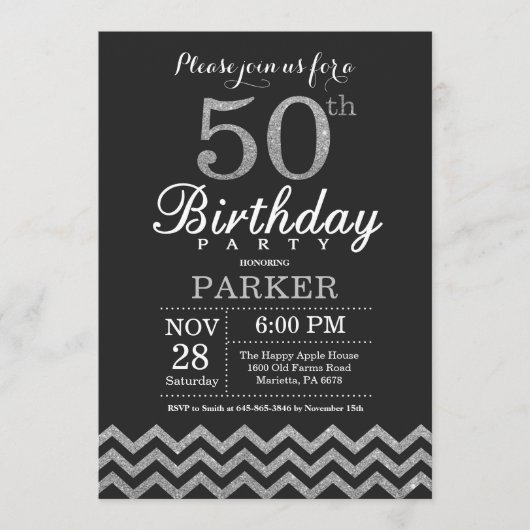 50th Birthday Invitation Black en Silver Glitter Kaart (Voorkant)