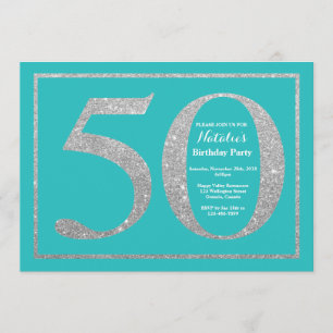 50th Birthday Invitation Blauwgroen en Silver Glit Kaart
