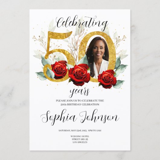 50th Birthday Invitation Photo Red Roses  (Devant)