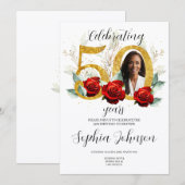 50th Birthday Invitation Photo Red Roses  (Devant / Derrière)
