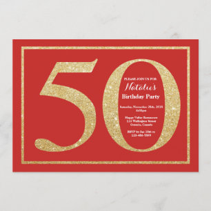 50th Birthday Invitation Red and Gold Glitter Kaart