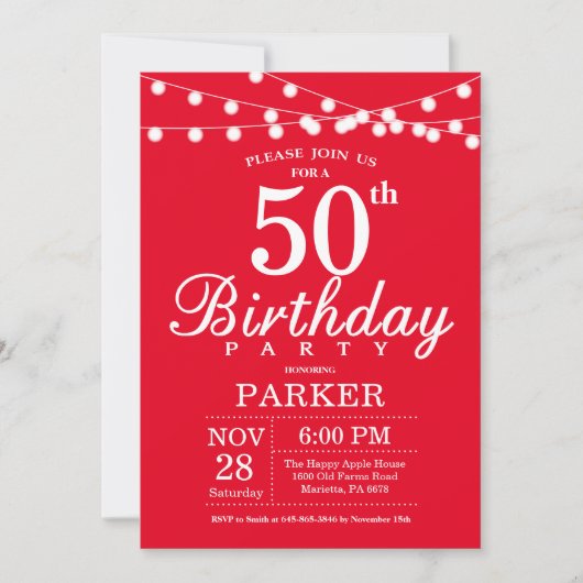 50th Birthday Invitation Red Kaart (Voorkant)