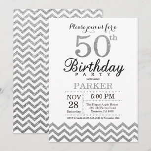 50th Birthday Invitation Silver Glitter Kaart
