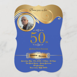 50th, Birthday Man, art deco, Blue Roy Gold Kaart