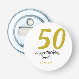 50th Birthday Naam toevoegen Datum Jaar Black sjab Button Flesopener