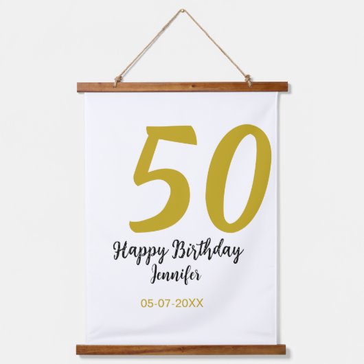 50th Birthday Naam toevoegen Datum Jaar Black sjab Hangend Wandkleed (Voorkant)