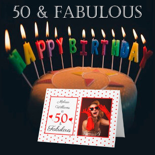50th Birthday Name Photo 50 and Fabulous WH Red Kaart