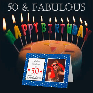 50th Birthday Name Photo 50 & Fabulous Blue White Kaart