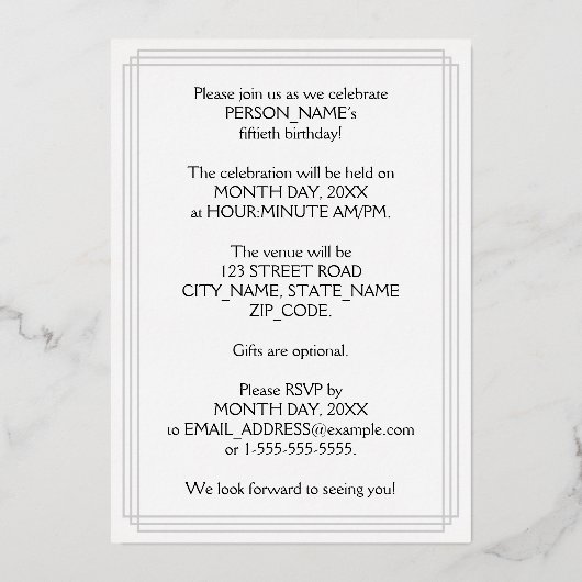 50th Birthday Party — Elegant Script + aangepaste  Folie Uitnodiging (Achterkant)