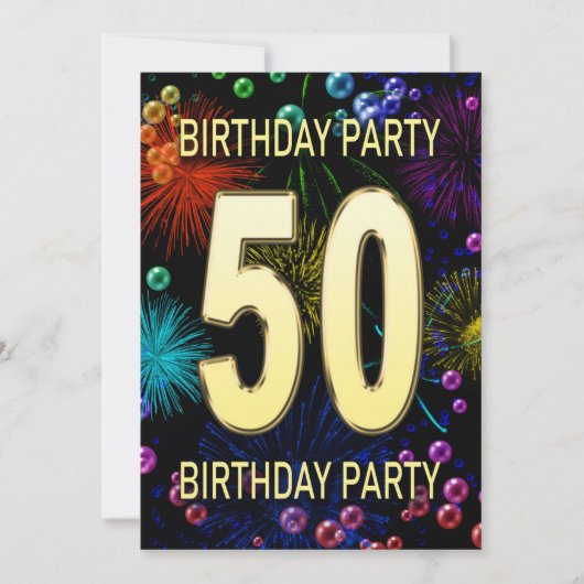 50th Birthday Party Invitation Fireworks Bubbles Kaart (Voorkant)