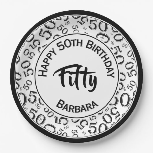 50th Birthday Party Number Pattern Black/White 50 Papieren Bordje (Voorkant)