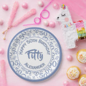 50th Birthday Party Number Pattern Blue/White 50 Papieren Bordje (Feest)