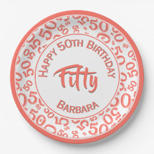50th Birthday Party Number Pattern Coral/White 50 Papieren Bordje
