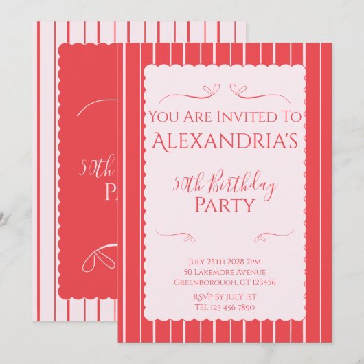 50th Birthday Party Pink Red Stripes Invitation (Devant / Derrière)