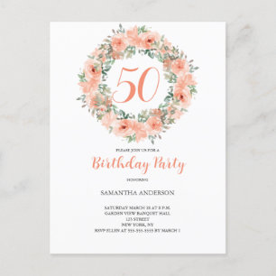 50th Birthday Peach Waterverf Floral Uitnodiging Briefkaart