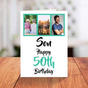 50th Birthday Son Green Modern Photo Collage Card Kaart