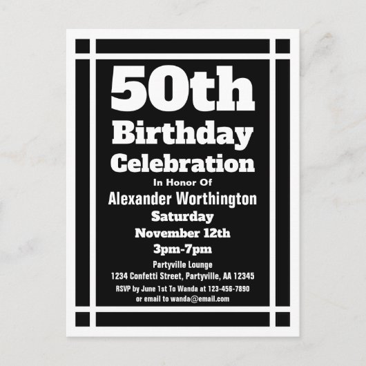 50th Black Simple Birthday Invitation Briefkaart (Voorkant)