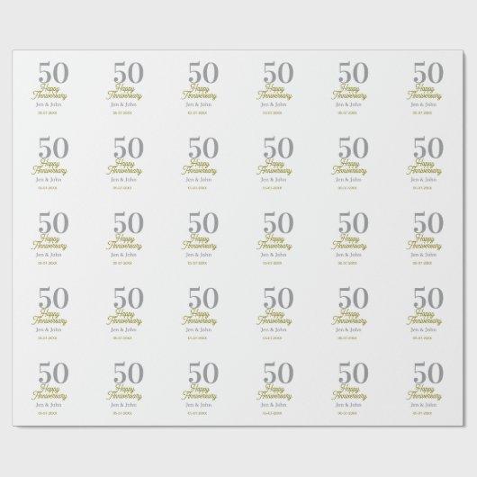 50th happy anniversary name date silver gold date  cadeaupapier (Vlak)