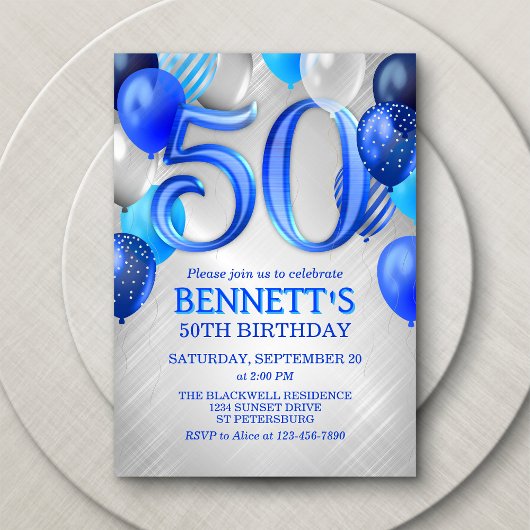 50th Mens Blue Anniversaire Invitation