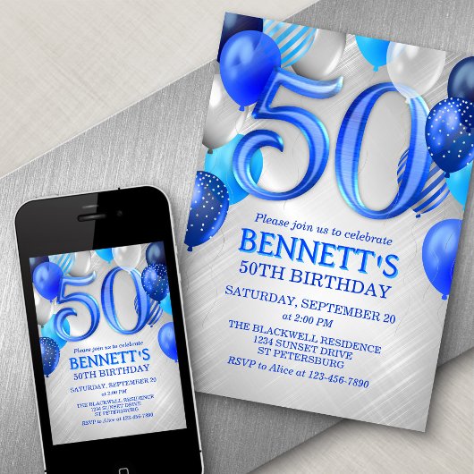 50th Mens Blue Anniversaire Invitation