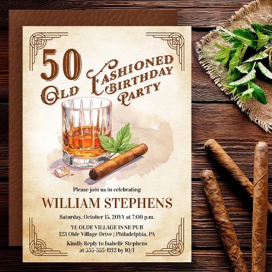50th Old Fashioned Whiskey Cigar Birthday Party Kaart