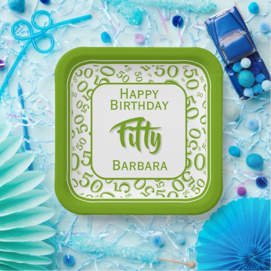 50th Party Random Number Pattern Green/White Papieren Bordje (Feest)