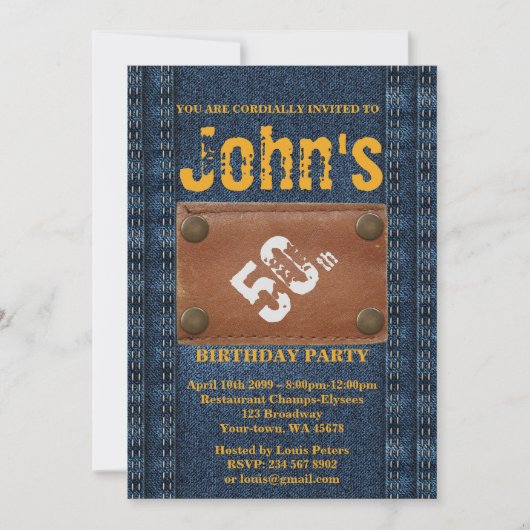 50th, Verjaardag Party Man, Uitnodiging Denim stij (Voorkant)