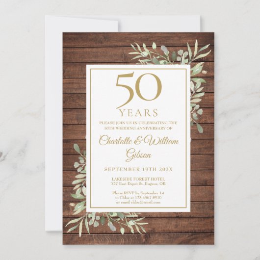 50th Wedding Jubileum Rustic Wood Greenery Kaart (Voorkant)