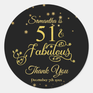 51 en Fabulous 51st Birthday Gold Glitter Black Ronde Sticker
