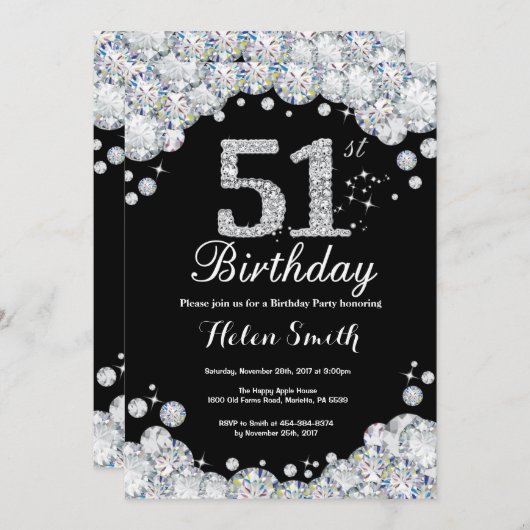 51e anniversaire Invitation Chalkboard Silver Diam (Devant / Derrière)