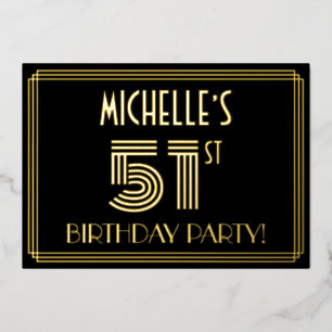 51e verjaardag — Art Deco Style "51" + Naam Folie Uitnodiging