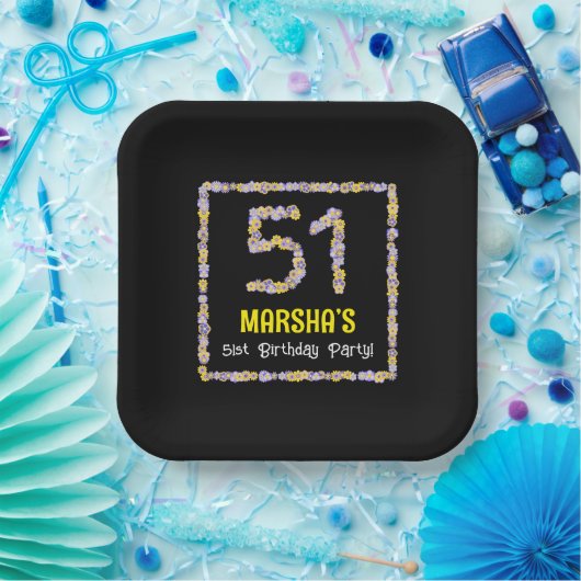 51e verjaardag: Floral Flowers Number, Custom Name Papieren Bordje (Feest)