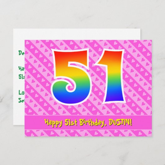 51e verjaardag: Roze strepen & harten, Regenboog 5 Briefkaart (Voorkant / Achterkant)