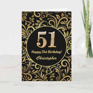 51ste Birthday Black en Gold Floral Pattern Kaart