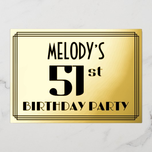 51ste verjaardag: Art Deco Kijk "51" en naam Folie Uitnodiging (Voorkant)