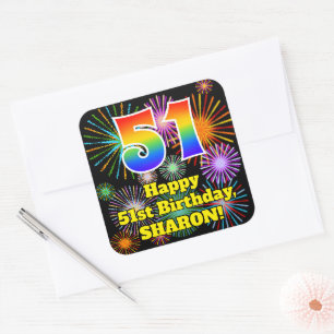 51ste verjaardag: Fun Fireworks Kijk, regenboog #  Vierkante Sticker