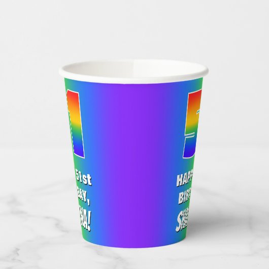 51ste verjaardag: kleurrijk, vun regenboogpatroon  papieren bekers (Links)