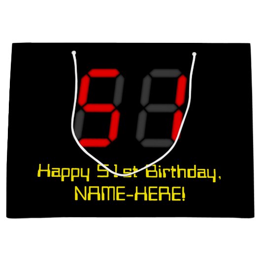 51ste verjaardag: Rode digitale klokstijl "51" + n Groot Cadeauzakje (Voorkant)